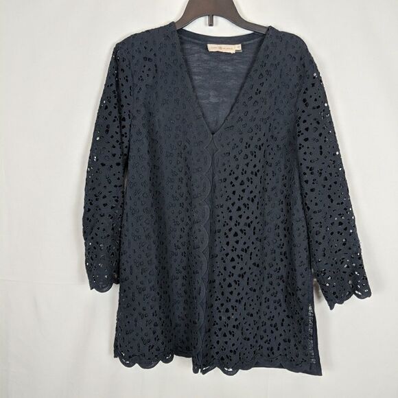 Tory Burch Women's Size Small Black Eyelet 3/4 Sle - Picture 2 of 5